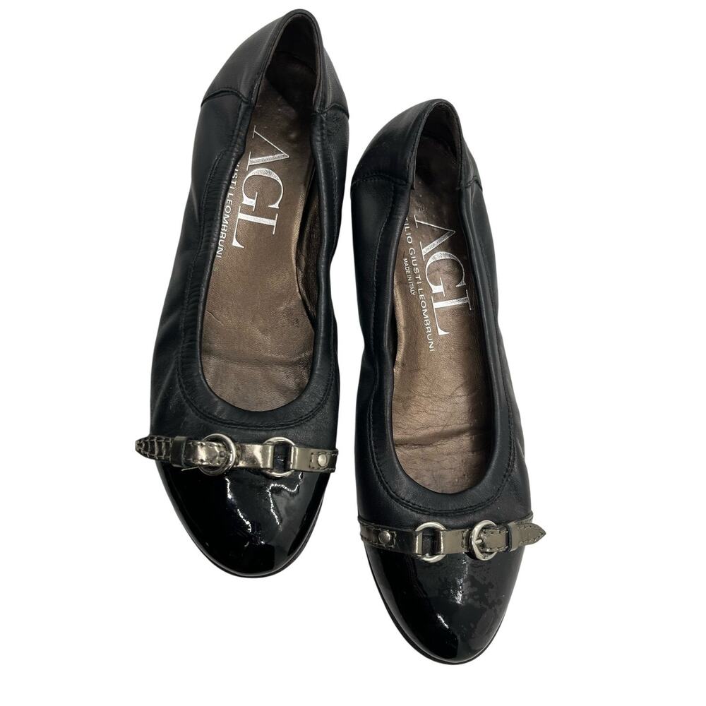 AGL Black Leather Flats with Sliver Buckle Trim Size 39 1/2